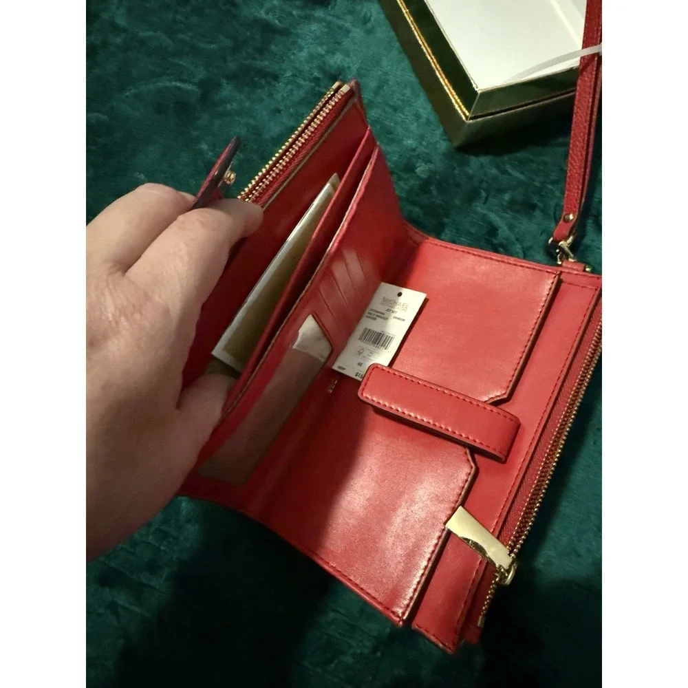 Michael‎ Kors Jet Set Double Zip Wristlet Crimson Red Leather Wallet 32T7GAFW4L